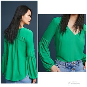 Anthropologie Emerald Green V-Neck Pintuck Sleeve Blouse